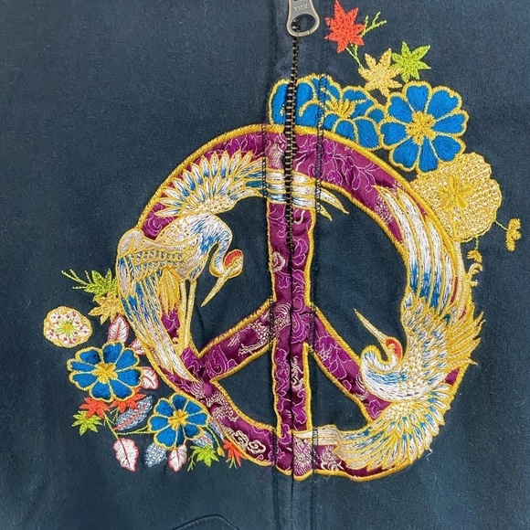 Lucky Brand Hoodie Vintage Embroidered Peace Sign Sz Large Black Hippie Grunge - Picture 7 of 8